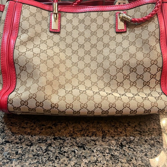 GUCCI BELLA TOTE BAG MONOGRAM CANVAS W/ RED LEATHER TRIM 100% AUTH. With wallet - Picture 2 of 12